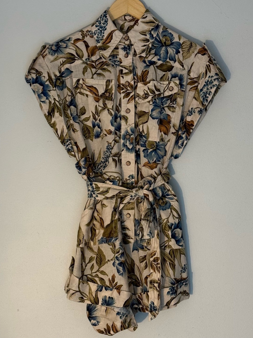 Zimmermann Aliane Roll Cuff Playsuit Romper Linen Khaki Blue Floral 0P XS Petite